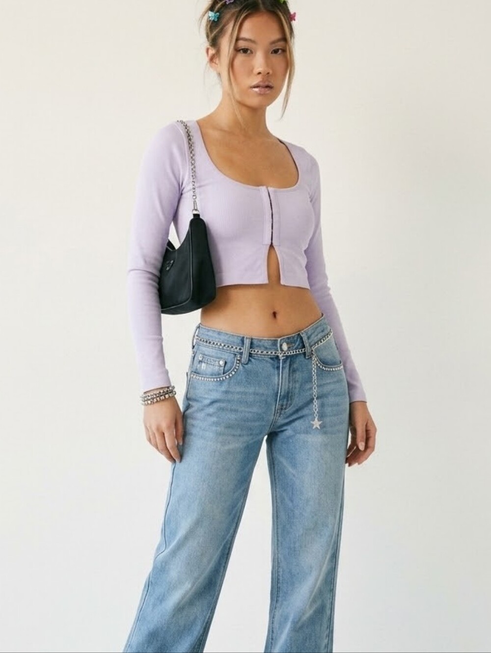 Garage Lavender Long-Sleeve Cropped Hook-Front Top